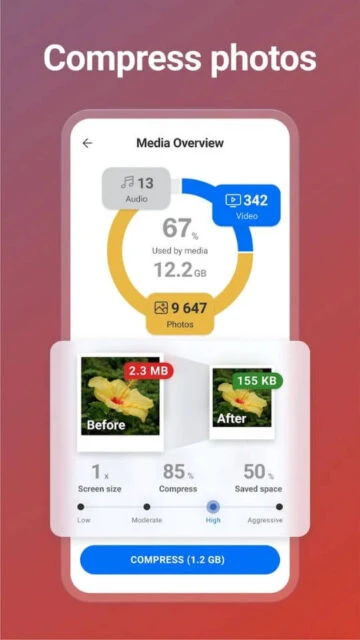 CCleaner compress photos reduce size from 2.3MB to 155KB saving 85% space instantly