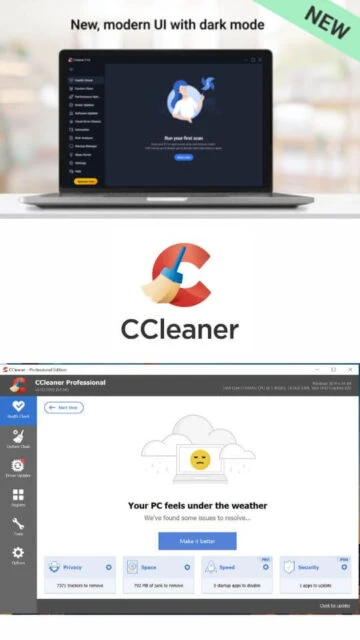 CCleaner new UI with dark mode. Professional Edition health check.