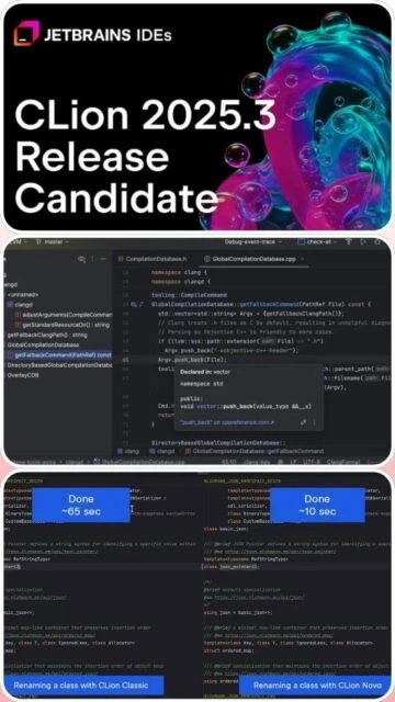 CLion 2025.3 Release Candidate, code completion, and performance comparison stats.
