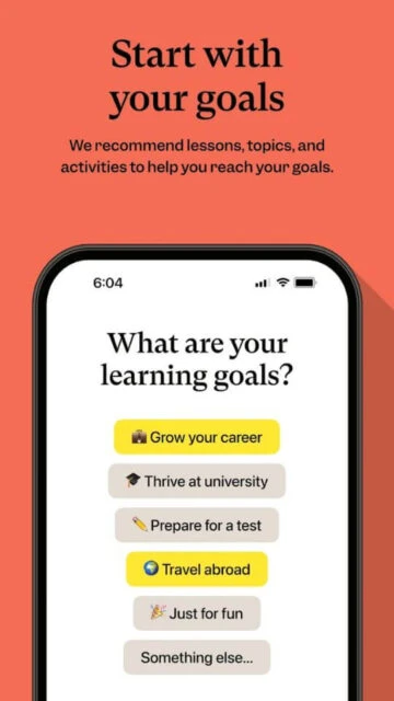 Preply app goals. Start with career, university, test, travel.