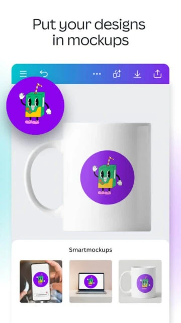 Canva's interface showing designs applied to real-world templates like mugs.