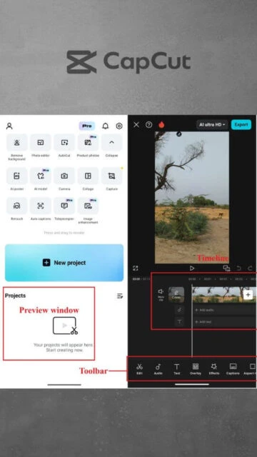 CapCut dashboard with project options, preview window, toolbar.