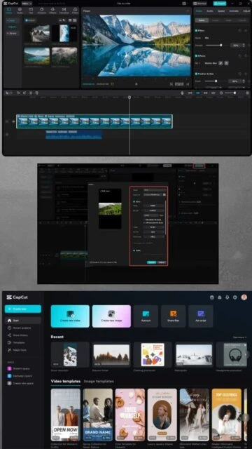 CapCut desktop app: mountain video, template library, export options.