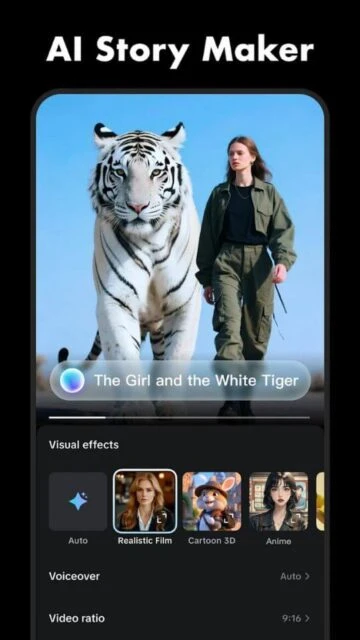 CapCut's "AI Story Maker" shows a girl, a white tiger, and effect options.