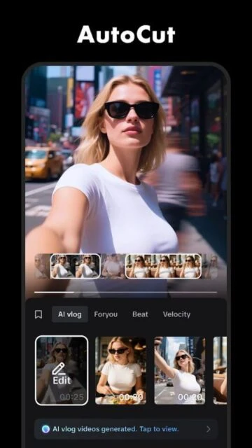 CapCut's "AutoCut" shows a woman on a city street with editing options.