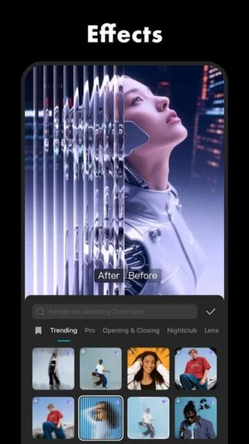 CapCut's "Effects" shows a before/after photo comparison with search options.