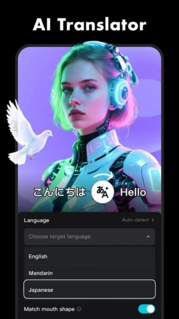 CapCut's "AI Translator" shows Japanese to English translation with language options.