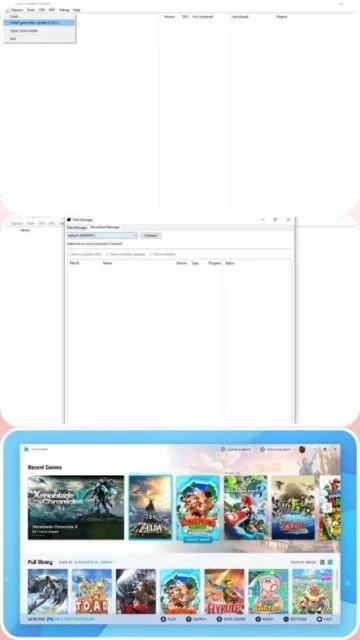 Cemu title manager, game library view, and recent games list.