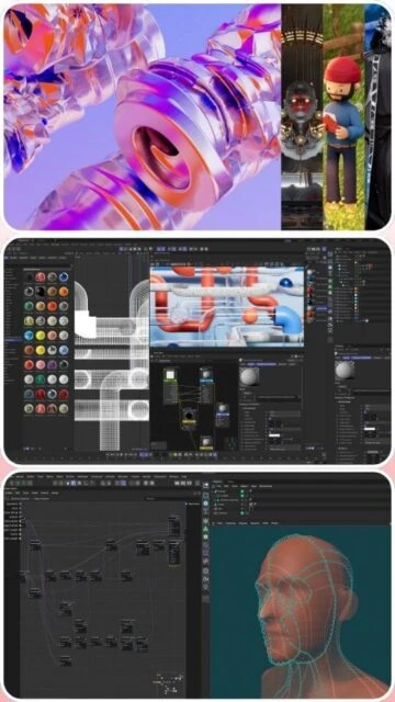 Cinema 4D interface with materials, brushes, node-based workflows.