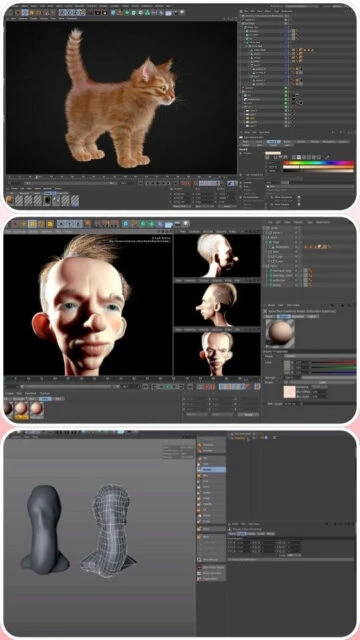 Cinema 4D sculpting. Kitten, caricature head, mesh modeling shown.