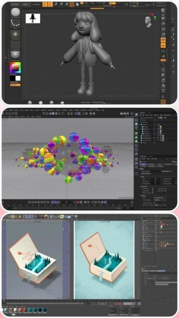 Cinema 4D character model, colorful spheres, isometric scene art.