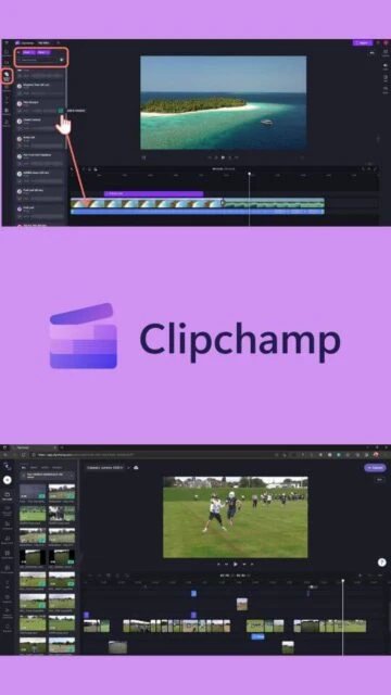 Clipchamp interface with island preview, timeline, and media panel.