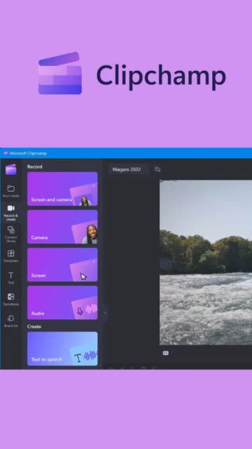 Clipchamp record options: screen, camera, audio. Preview window shown.