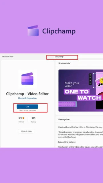 Clipchamp app page on Microsoft Store with rating and Get button.
