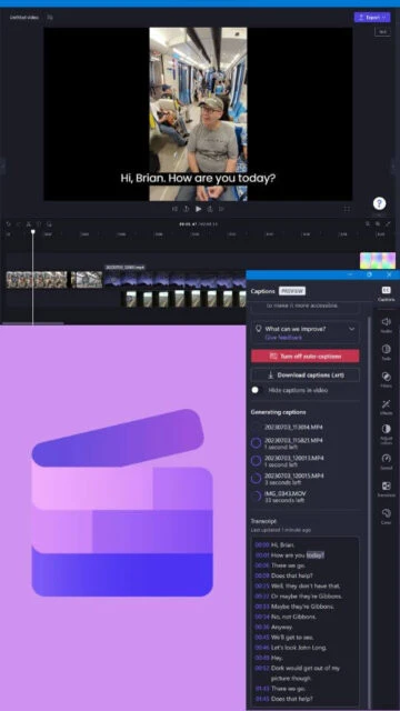 Clipchamp captions tool generating subtitles for subway video clip.