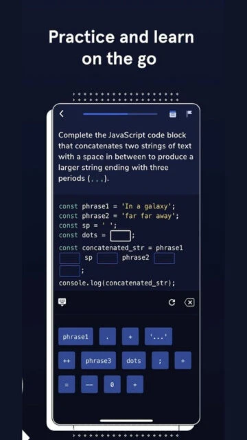 Codecademy practice on the go. Complete JavaScript code blocks.