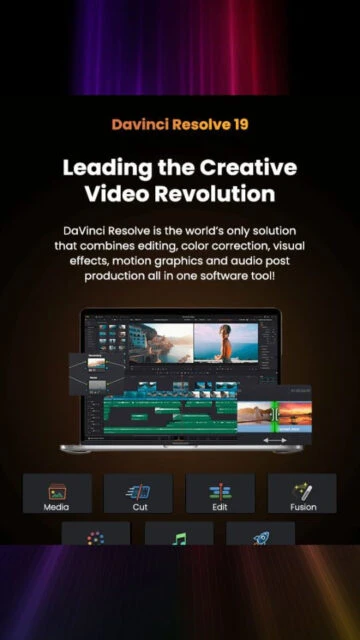 DaVinci Resolve 19 promo: all-in-one video tool for creative pros.