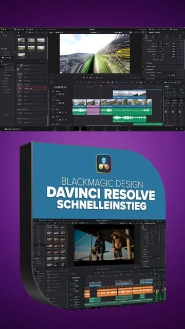 DaVinci Resolve editing timeline & media pool. German guide box shown.