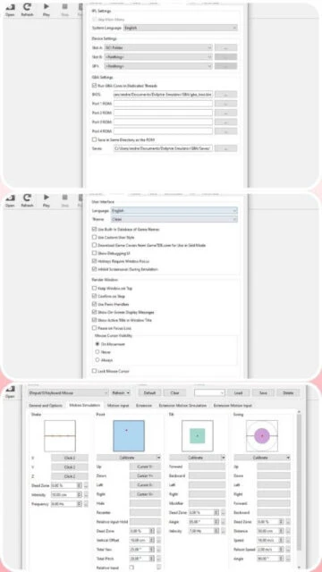Dolphin Emulator settings for IPL, UI, and motion input calibration.