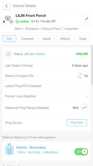 Domotz Device Details show LILIN Front Porch online status ping network mapping power