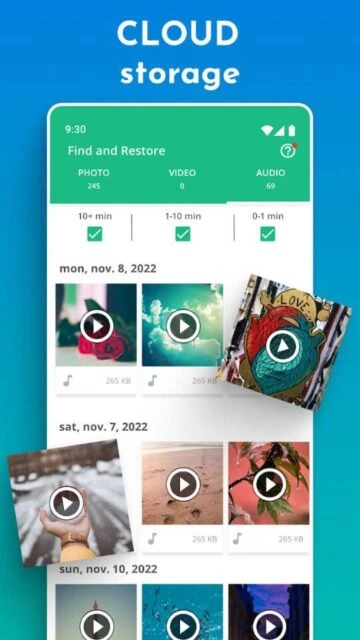 Dumpster cloud storage finds restores photos videos audios with duration filters and previews