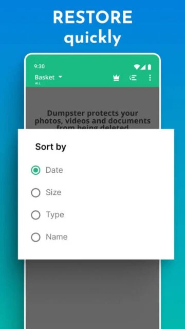 Dumpster restore quickly with sort by date size type name for organized file recovery