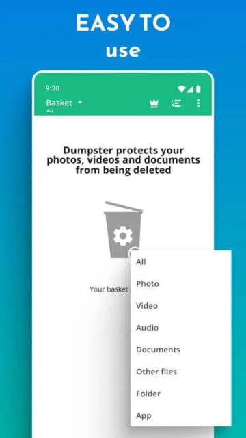 Dumpster easy to use protects photos videos documents with basket filter for all file types