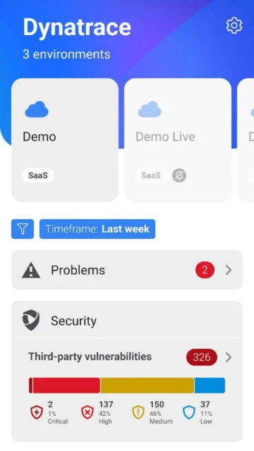 Dynatrace monitors 3 environments Demo Demo Live with Problems Security Third-party vulnerabilities