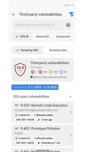 Dynatrace Third-party vulnerabilities 326 open with CVE ID search sorted by DSS time