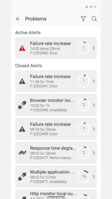 Dynatrace Problems list active closed alerts with failure rate response time performance issues