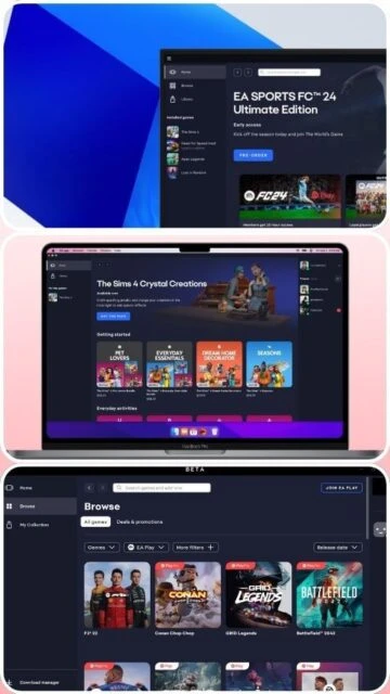 EA Sports FC 24 pre-order, Sims 4 DLC page, and Beta Browse game list.