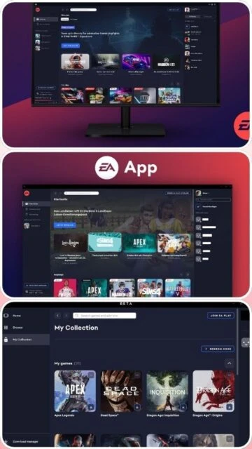 EA App displayed on multiple devices: store, library, and My Collection.