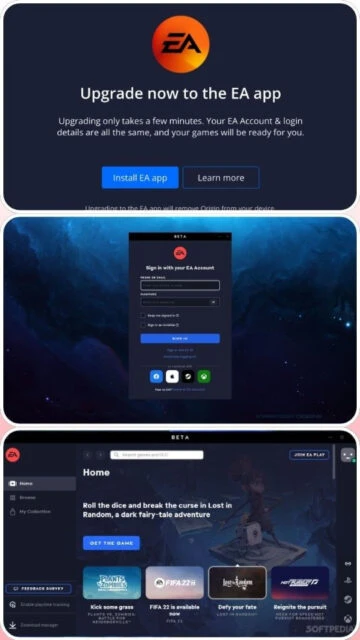 EA App upgrade prompt, login screen, and Beta home with game recommendations.