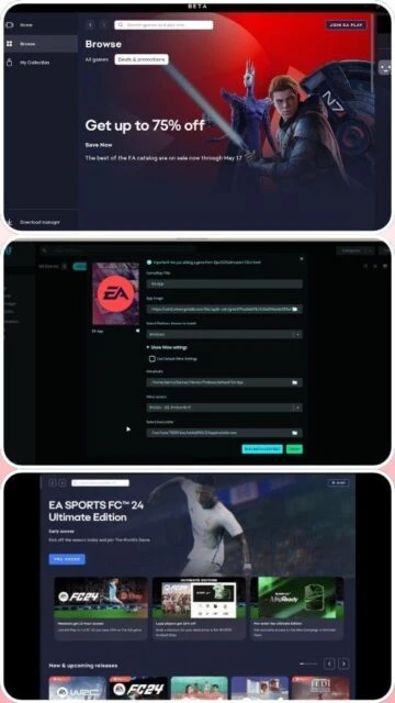 EA App interfaces: EA Play sale, settings window, and FC 24 game page.