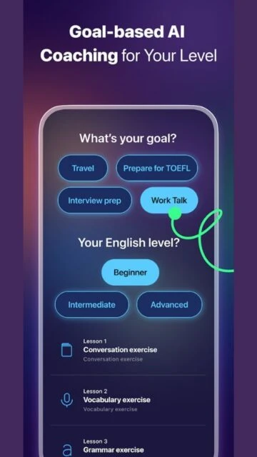 ELSA Speak Goal-based AI Coaching. Travel, Work Talk, Beginner.