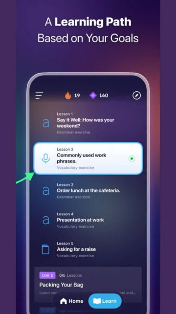 ELSA Speak Learning Path. Based on goals, work phrases, grammar.