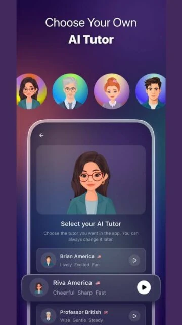ELSA Speak AI Tutor selection. Choose from Brian, Riva, Professor.
