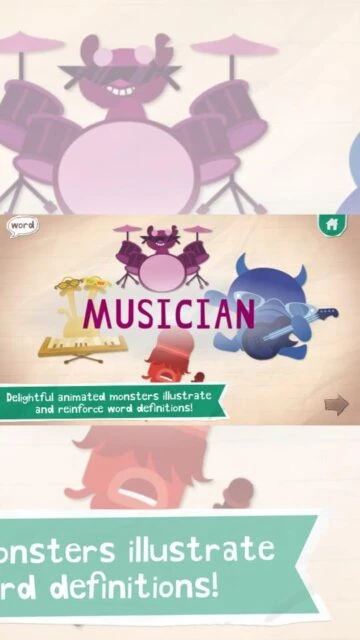 Endless Alphabet uses animated monsters playing instruments to teach word meanings visually.