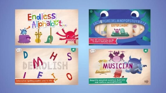 كلمات تعليمية داخل تطبيق إندليس ألفابت Endless Alphabet برسوم جذابة