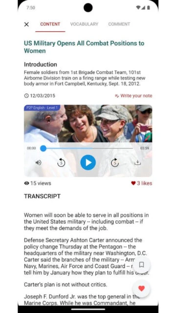 English Listening - 6mins article with audio transcript and vocabulary for US Military topic