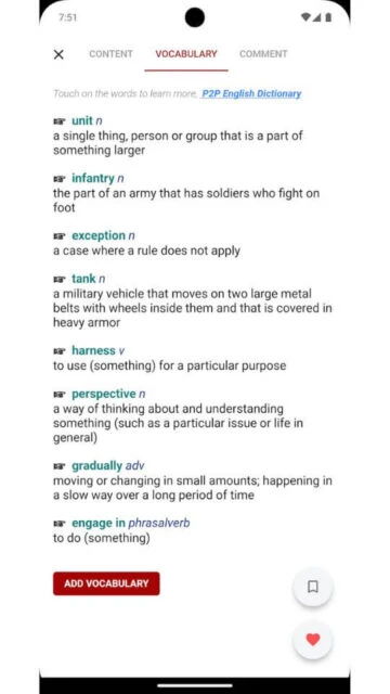 English Listening - 6mins Vocabulary tab explains words like unit tank infantry instantly for learners