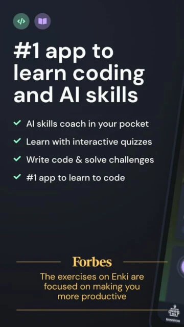 Enki app for coding & AI. Interactive quizzes, code challenges.