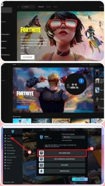 Epic Games Launcher Fortnite promo login options for Epic GOG Amazon with library access