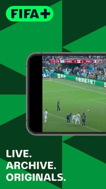 FIFA+ app interface. Live Argentina vs France match, archive, originals.