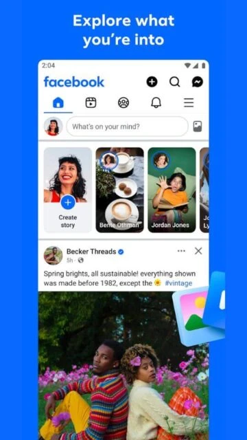 Facebook home feed with stories, posts, and "What's on your mind?".