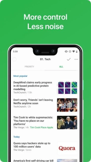 Feedly More control Less noise with Tech priority list from TechCrunch The Verge Quora