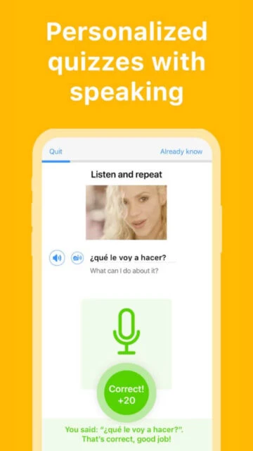 Personalized quizzes with speaking practice in FluentU help you repeat phrases