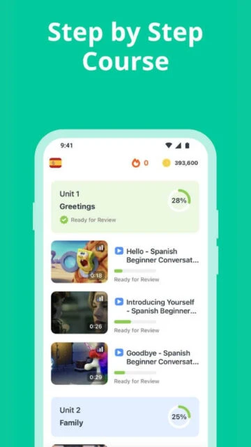 Step by step course structure guides your learning from greetings to family in FluentU