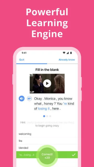 Powerful learning engine fills blanks using context hints watch clips learn grammar in FluentU