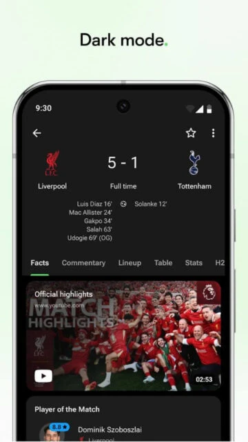 FotMob Dark mode interface. Liverpool 5-1 Tottenham, highlights.